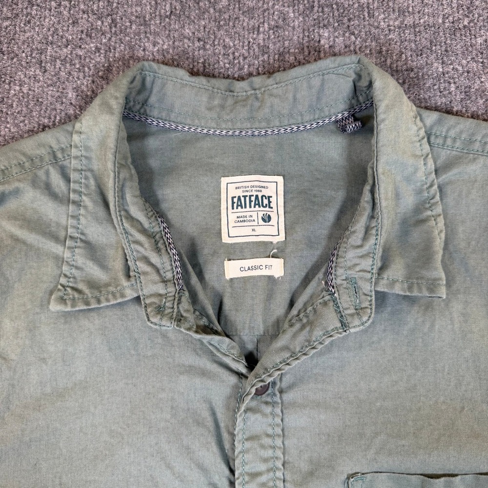 FatFace Mens XL Classic Fit Linen Cotton Short Sleeve Button Up Shirt Green 3054
